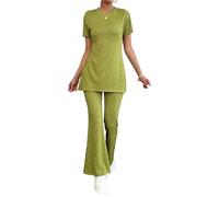 cffdviz 2-Teiliges Passendes Set Für Damen Sommeroutfits Kurzarm-Top Mit Seitenschlitz Breite Hosen Lounge-Sets,Light Green,L