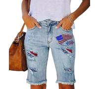cffdviz 4. Juli Denim-Shorts Für Frauen Mit Amerikanischer Flagge Zerrissene Jeans-Shorts Mit Rohem Saum,Light Blue,L