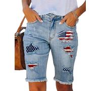 cffdviz Amerikanische Flagge Denim-Shorts Für Frauen Mittlere Taille Zerrissene Kniehohe Boyfriend-Jeans-Shorts,Blau,S
