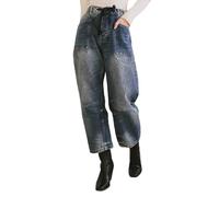 cffdviz Barrel-Jeans Für Damen Mittlere Taille Kordelzug Vintage-Streifenmuster Breite Bein-Cropped-Jeans Bis Zum Knöchel,Blau,L