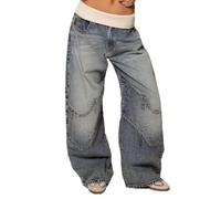 cffdviz Damen Baggy Y2K Jeans Mittlere Taille Vintage Hip-Hop Locker Weit Geschnittene Jeanshosen Streetwear,Blau,M