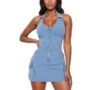 cffdviz Damen Denim Bodycon Kleid Sexy Ausschnitt Ärmellose Mini-Jeanskleider,Light Blue,XL