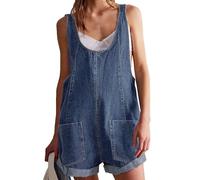 cffdviz Damen Denim Overall Shorts Sommer Verstellbarer Träger Lässig Sitzt Jeans Romper Jumpsuits,Dark blue,L