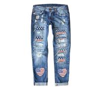 cffdviz Damen Distressed Zerrissene Boyfriend-Jeans Mit Mittlerer Taille Und Amerikanischem Flaggenaufdruck Gerade Geschnittene Denim-Hosen,Blau,S