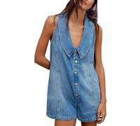 cffdviz Damen Gewaschener Vintage Denim Jumpsuit Shorts Ärmelloser Knöpfe Denim Overall Romper Jeans Shortalls,Blau,S