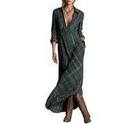 cffdviz Damen Hemdkleid Mit Knöpfen Langärmlig Reverskragen Kariertes Muster Country Maxi Kleid,Grün,L