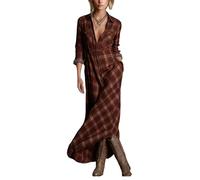 cffdviz Damen Hemdkleid Mit Knöpfen Langärmlig Reverskragen Kariertes Muster Country Maxi Kleid,Rot,XXL