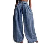 cffdviz Damen High Waist Baggy Jeans Mit Knöpfen Und Bündchen Lässig Vintage Mit Reißverschluss Weit Geschnittene Jeanshosen Aus Denim,Blau,XXL