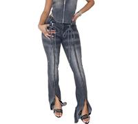 cffdviz Damen High-Waist Reißverschluss Jeans Trendige Y2K Gewaschene Distressed Mit Schlitz Saum Schlag-Jeans,Grau,S