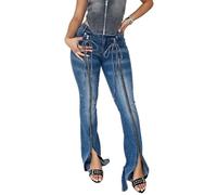 cffdviz Damen High-Waist Reißverschluss Jeans Trendige Y2K Gewaschene Distressed Mit Schlitz Saum Schlag-Jeans,Blau,XL