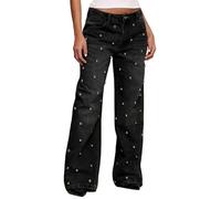 cffdviz Damen High-Waist Rock Niet Weitbein Jeans Gewaschen Abgenutzt Y2K Geradebein Denim Hose,Schwarz,S