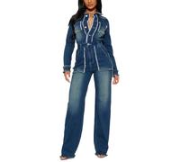 cffdviz Damen-Jeans-Jumpsuit Mit Knöpfen Slim Fit Langärmlig, Im Used-Look Ausgefranste Nähte Einteiler,Blau,XL