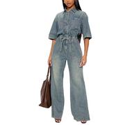 cffdviz Damen-Jeans-Jumpsuit Mit Kurzen Ärmeln Figurbetont Verstellbarer Taille Seitlichem Schlitz Und Schlaghosen-Bottom,Light blue,S