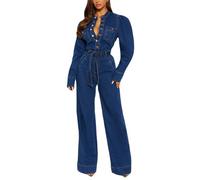 cffdviz Damen Jeans-Jumpsuit Mit Langen Ärmeln Rundhalsausschnitt Figurbetont Ausgestellte Weite Beine Jeans-Overall Mit Gürtel,Blau,L