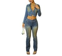 cffdviz Damen-Jeans-Zweiteiler Set Vintage Distressed Slim-Fit Langarm Reißverschluss Jeansjacke Und Schlagjeans Outfits,Light Blue,L