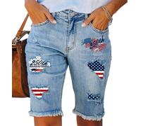 cffdviz Damen-Jeansshorts Mit Amerikanischer Flagge Mittelhoch Geschnitten Knieumspielend Und Zerrissen Für Die 250. Jubiläumsparty,Blau,L