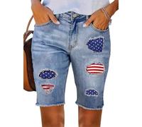 cffdviz Damen Jeansshorts Mit Flaggenmuster Zerrissen Mittlere Taille Schmal Geschnitten Ausgefranster Saum Knielang,Blau,S