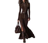cffdviz Damen-Kleid Aus Kunstwildleder Sexy Slim Reißverschluss Langarm Vintage Western Bodycon Maxikleid,Braun,M