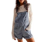 cffdviz Damen Lässige Cord-Overalls Mit Lockerer Passform Mehreren Kurzoverall Mit Umschlagbund Latzhose Kurz Verstellbare Träger,Blau,L