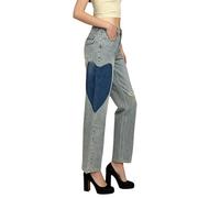 cffdviz Damen Low-Rise Herzmuster Zerrissene Gerade-Geschnittene Jeans Weite Denim-Hosen,Light Blue,S