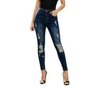 cffdviz Damen Mittlere Taille Zerrissene Skinny Jeans Schlank Gerade Bein Boyfriend Knöchel Denim Hose,Dark Blue,L