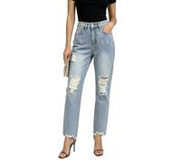 cffdviz Damen Ripped Boyfriend Jeans Mittlere Taille Distressed Roher Saum Schlanke Gerade Bein Knöchellange Denim-Hose,Light Blue,S