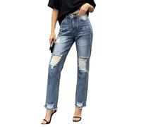 cffdviz Damen Ripped Boyfriend Jeans Mittlere Taille Distressed Roher Saum Schlanke Gerade Bein Knöchellange Denim-Hose,Dark Blue,S