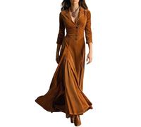 cffdviz Damen Samt Maxikleid Mit Knopfleiste Dreiviertelarm V-Ausschnitt Western Bodycon Kleid,Braun,S