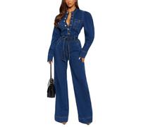 cffdviz Damen Sexy Slim-Fit Jeans Jumpsuit Mit Knöpfen Langärmelig Ausgestelltes Design Mit Gürtel,Blau,L