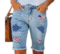 cffdviz Damen Unabhängigkeitstag Denim-Shorts Mid-Rise Amerikanische Flaggen-Print Rissige Kniehohe Jeansshorts,Blau,L