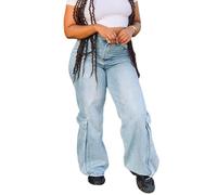 cffdviz Damen Vintage Abgenutzte Cargo Jeans Hochtaillierte Weite Y2K Arbeitskleidung Weite-Jeans-Hosen,Light Blue,L