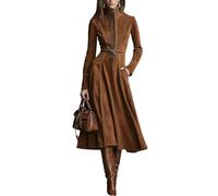 cffdviz Damen Vintage Kunstwildleder Western A-Linien Langkleid Mit Stehkragen Reißverschluss Figurbetontes Maxi-Kleid Und Gürtel Zum Binden,Braun,L