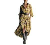 cffdviz Damen Vintage Langarm Kariertes Western-Hemdkleid Lässiges Lockeres Maxikleid Mit Gürtel,Gelb,M