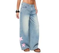 cffdviz Gerade Geschnittene Jeans Für Damen Hoch Tailliert Mit Used-Effekten Und Stern-Patch Weite Denim-Hosen,Blau,L