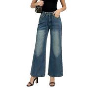 cffdviz Jeans Für Damen Mittelhoch Geschnitten Mit Schleifendruck Lockere Gerade Geschnittene Denim-Hose Weite Hosen,Blau,S