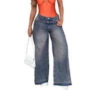 cffdviz Weit Geschnittene Damen-Denimhose Mit Hoher Taille Lockerer Passform Vintage-Seitenstreifen Y2K Gerade Geschnitten,Blau,XXL