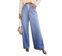 cffdviz Weite Jeans Für Frauen Hoch Tailliert Mit Kordelzug Locker Sitzend Im Used-Look Gerade Geschnittene Denim-Hosen Boyfriend-Jeans,Blau,L