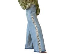 cffdviz Weite Jeans Für Frauen Hochtaillierte Jeans Mit Beschädigten Spitzen-Seitenteilen Gerade Geschnittene Denim-Hosen,Light Blue,L