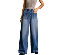 cffdviz Weite Jeans Für Frauen Lässig Gewaschen Mit Nieten Gerade Geschnittene Denim-Hosen Vintage Y2K-Hosen,Blau,L