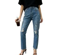 cffdviz Zerrissene Jeans Für Frauen Hoch Taillierte Schlanke Gerade Geschnittene Boyfriend-Jeans Denim-Hosen,Blau,L