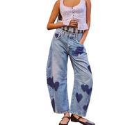 cffvdiz Barrel Jeans Frauen Vintage Distressed Baggy Herz Gedruckt Low-Rise Knöchel Jeans Denim Hosen,Blau,M
