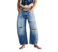 cffvdiz Blau,L, Damen Barrel Jeans Mid-Rise Vintage Baggy Distressed Ripped Loch Wide Leg Denim Hosen