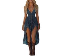 cffvdiz Blau,L, Frauen Sommer Ärmellose Swing Kleider Sexy Halter Western Kurz Vorne Lang Hinten Saum Kleid