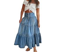 cffvdiz Blau,M, Damen Sommer Böhmische Denim Rock Hohe Taille Knopf Down A-Linie Rüschen Maxi Jean Rock