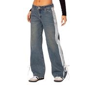 cffvdiz Blau,S, Frauen Mid Taille Baggy Straight Leg Jeans Side Streifen Lose Breite Bein Denim Hosen