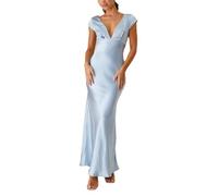 cffvdiz Blau,S, Frauen Sommer Satin Kleid Sexy Slim Deep V Rückenfrei Bodycon Maxi Kleid