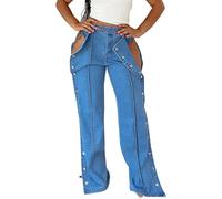 cffvdiz Blau,XL, Damen Hohe Taille Gerade Bein Jeans Sexy Double Side Knopfverschluss Wide Leg Denim Hosen