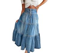 cffvdiz Boho Frauen Lange Jeansrock Vorder-Knopf Hohe Taille Geschichtete Patchwork Kuchen A-Linie Maxi Jean Röcke,Blau,M