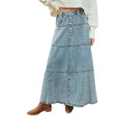 cffvdiz Boho Layered Patchwork Lange Denim Rock Elastische Taille Vordere Knopf Kuchen A-Linie Maxi Jean Röcke,Blau,S