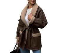 cffvdiz Braun,M, Faux Pelzmäntel Für Frauen Winter Fleece Sherpa Langarm Patchwork Biker Jacke Oberbekleidung